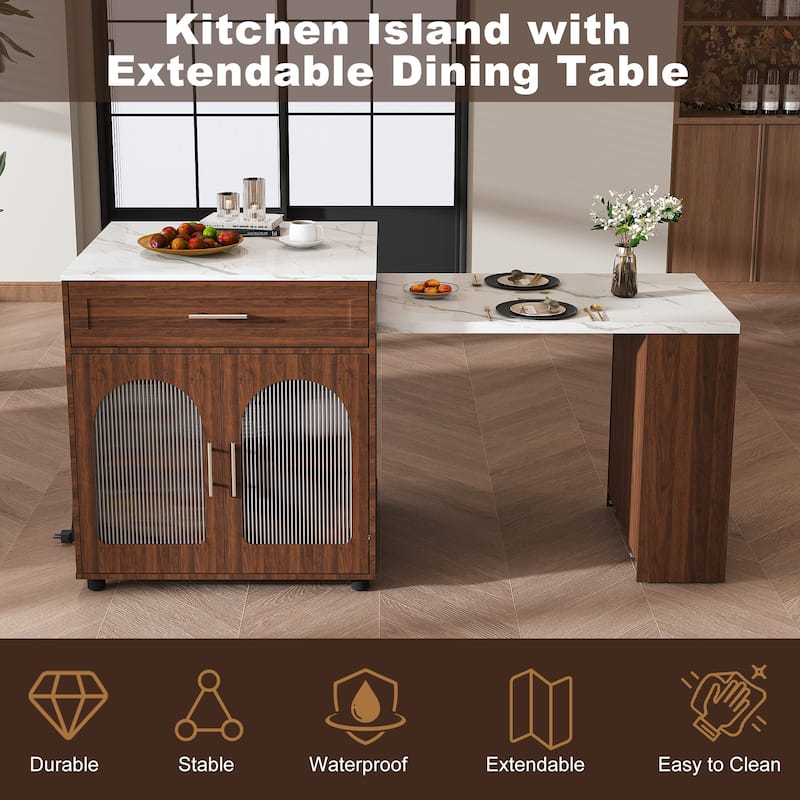 80" Expandable Kitchen Island with Dining Table with Marble-Grain Countertop with Power Outlet