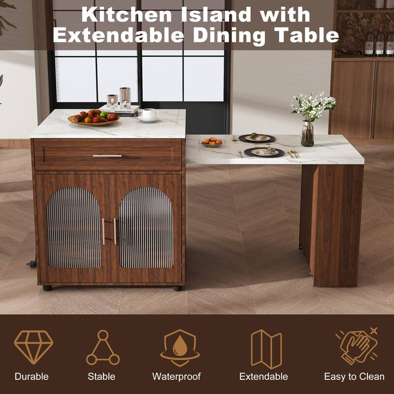 80-Inch Expandable Mobile Kitchen Island with Dining Table, Marble-Grain Top & Power Outlet