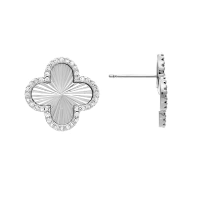 Rhodium Satin Finish Cubic Zirconia Clover Stud Earrings