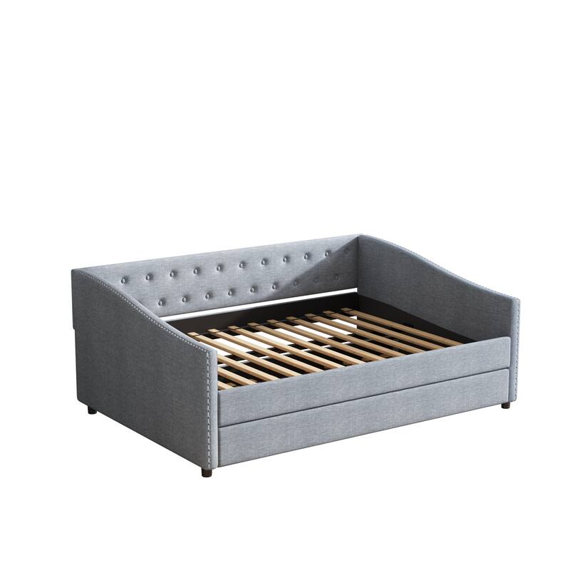 Linen Tufted Daybed with Trundle, Upholstered Platform Sofa Bed Frame, Wooden Slat Support