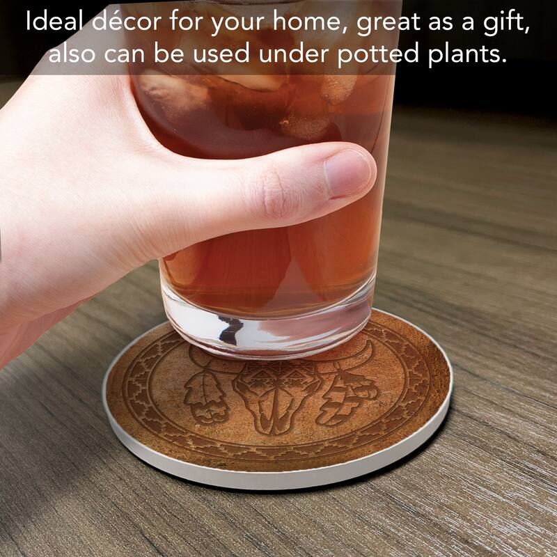 Leather Skull 4 Pack Absorbent Stone Coaster with Protective Cork Backing Made in The USA 4" Round, Easily Wipes Clean