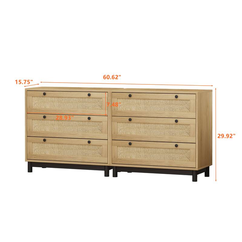 Rustic 3-Drawer Storage Cabinets with Rope Woven Drawers - Set of 2