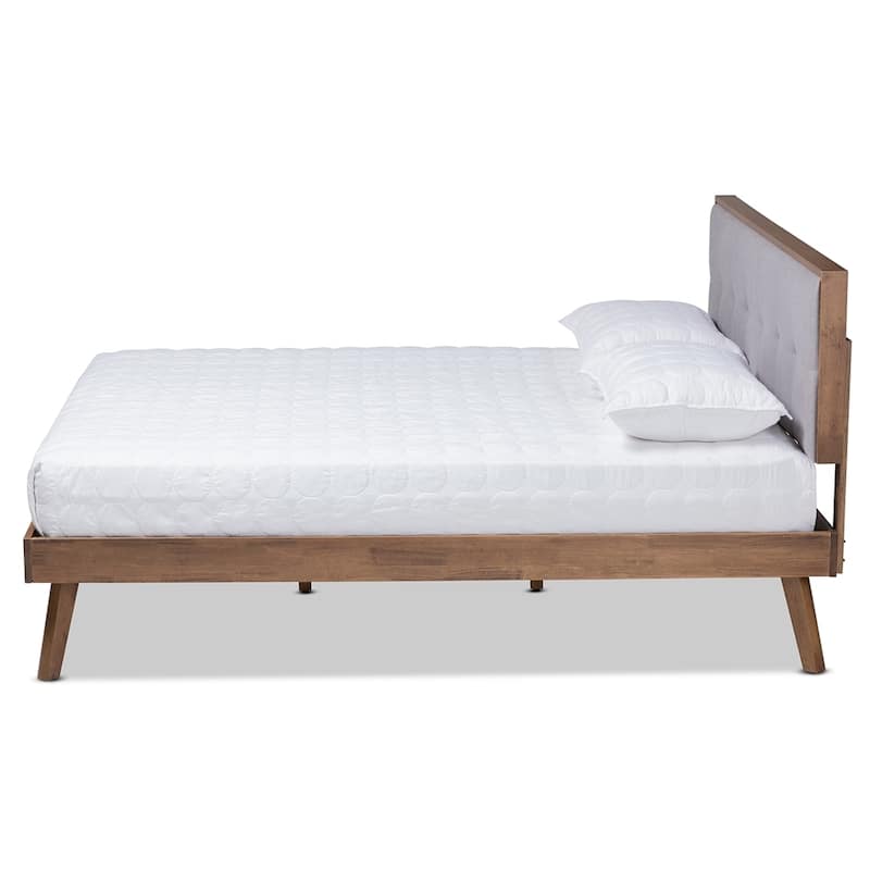 Alke Mid-Century Modern Fabric Upholstered Walnut Brown Finished Wood Platform Bed