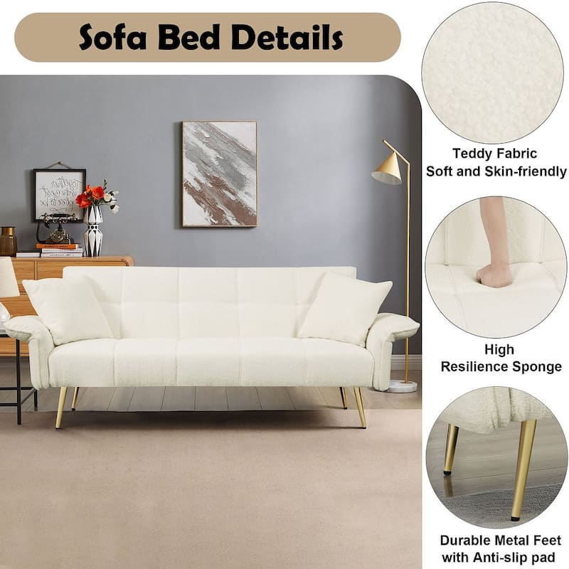 Futon Sofa Bed, Teddy Velvet Foldable Couch Convertible Loveseat Sleeper Daybed with Adjustable Armrests for Small Space