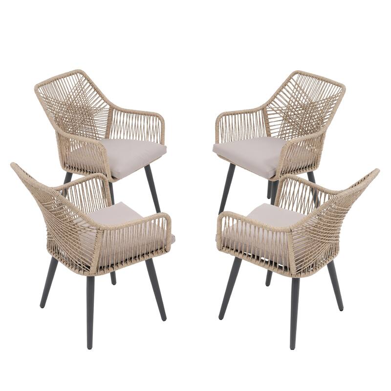 Outdoor Patio Woven Rope Dining Chairs With Armrest and Seat Cushions