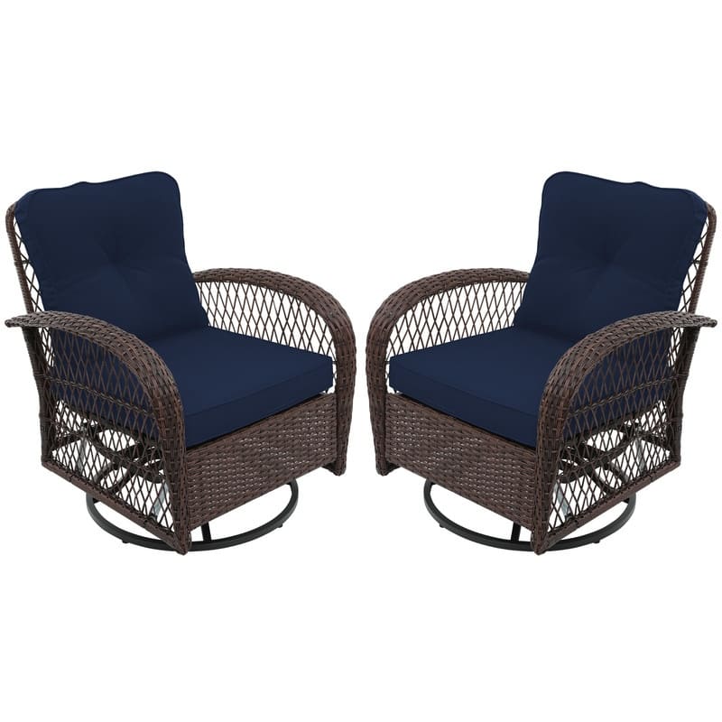 Patio Watcher 2-Piece Outdoor Brown Rattan 360 Degree Swing Patio Conversation Chair Set with Cushions - Navy Blue