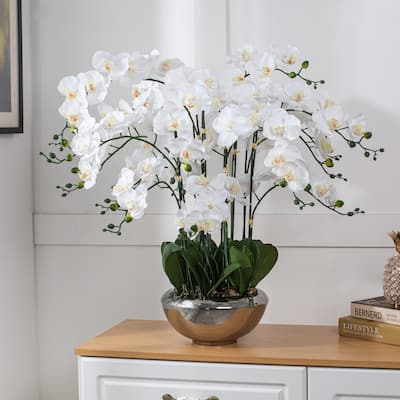 14 Stems Real Touch White Phalaenopsis Orchids with Green Leaf in Silver Ceramic Pot - 30.71" H x 33.46" W x 29.13" D