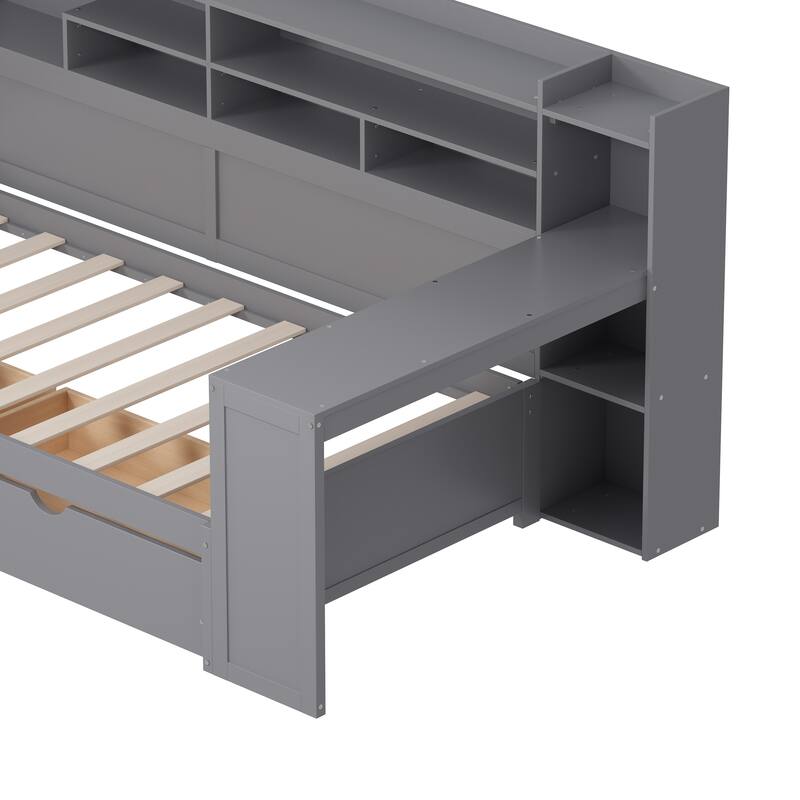 Wooden Daybed with Storage Shelves & Built-in Desk, 2 Under-Bed Storage Drawers, Corner Bed Frame with Study Desk, Bookshelf