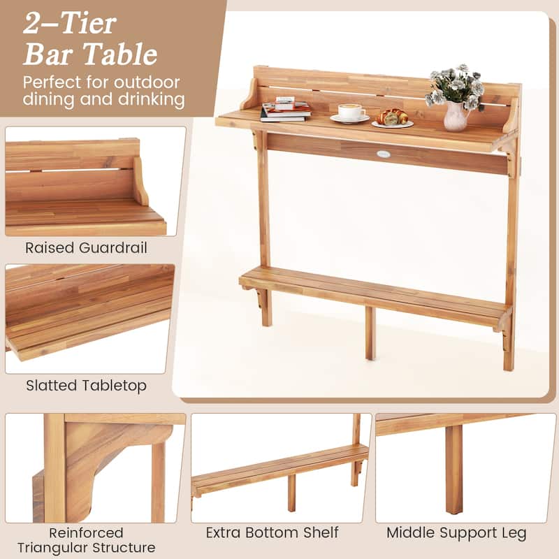 Outdoor 3-Piece Acacia Wood Bar Table Set with Footrest and Curved Seat - 48" L x 15" W x 48" H
