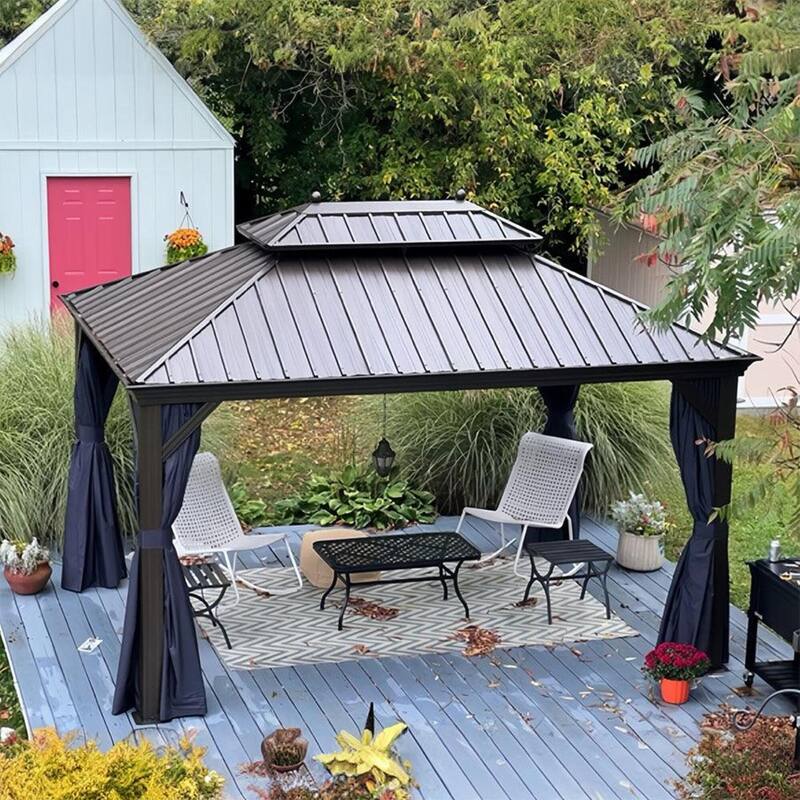 PURPLE LEAF Hardtop Aluminum Gazebo with Curtains and Netting, Double Roof Patio Gazebo