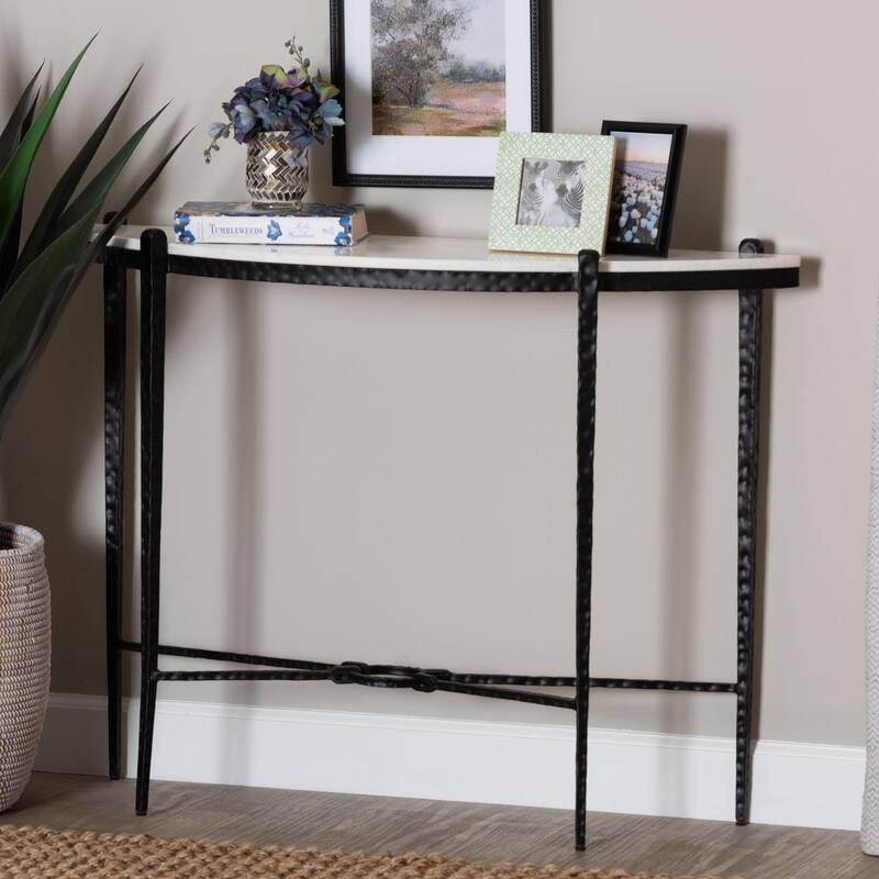 Caledon Marble Console Table - Modern Rustic Accent Table with Hand-Forged Metal Frame and Half-Moon Tabletop