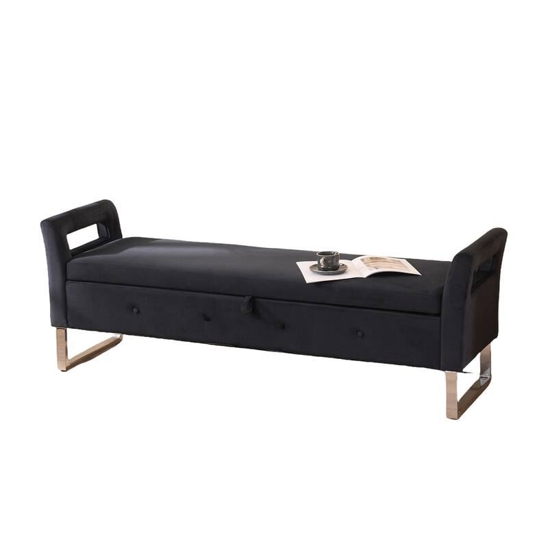 Velvet Storage Bench with Hidden Compartment, 275LB, Silver White Legs