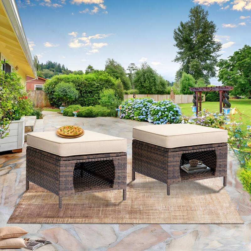 Outdoor Cushioned Rattan Wicker Ottoman with Storage (Set of 2) - Cream-Brown Wicker