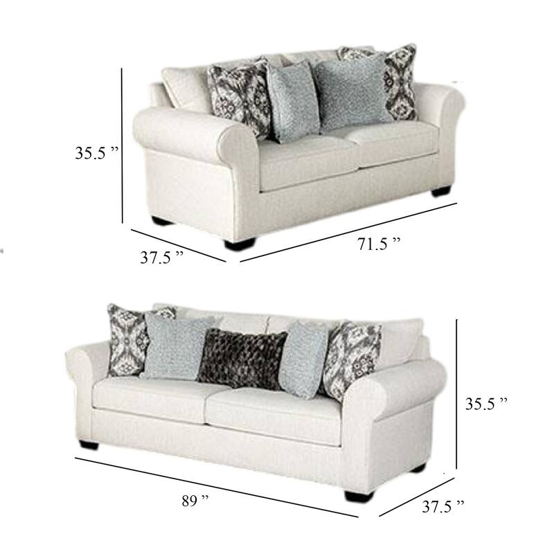 Berrie 2pc Sofa Loveseat Set, 9 Throw Pillows, Modern White Polyester