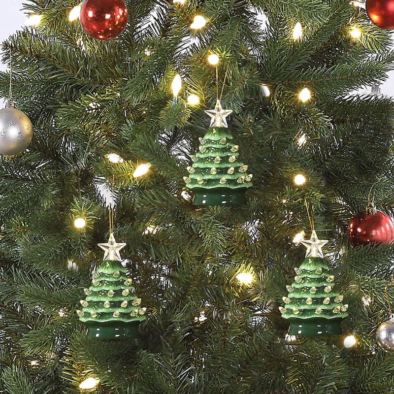 5 in. Set of Nostalgic Ceramic Tree Ornament- Green with White Bulbs