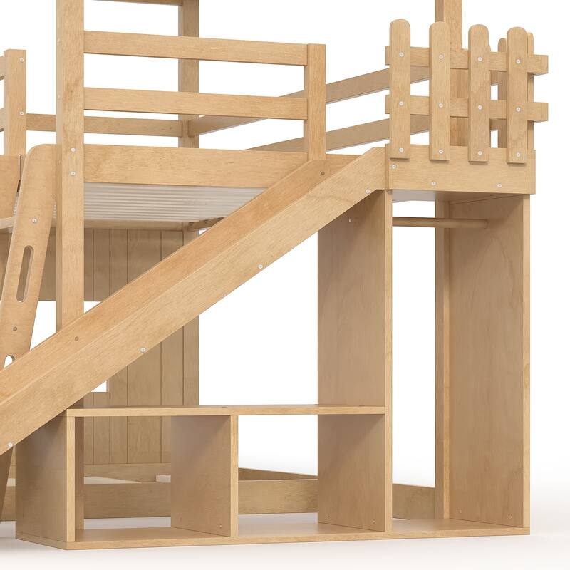 Twin over Full House Bunk Bed with Ladders and Slides, House Floor Bunk Bed with Storage Shelves and Wardrobe