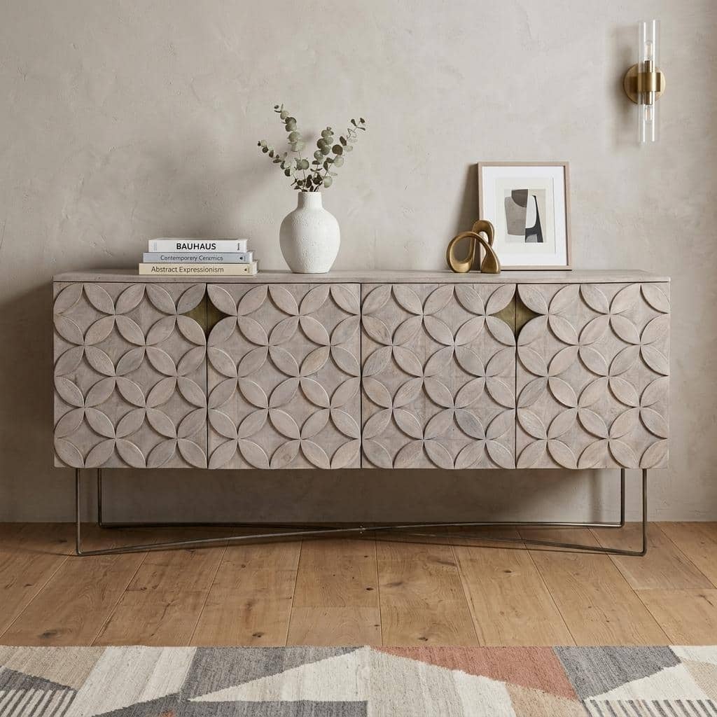 HomeRoots 72" Light Brown Solid Wood Sideboard with Four Doors - 72.30 in. x 32.50 in. x 18.00 in.