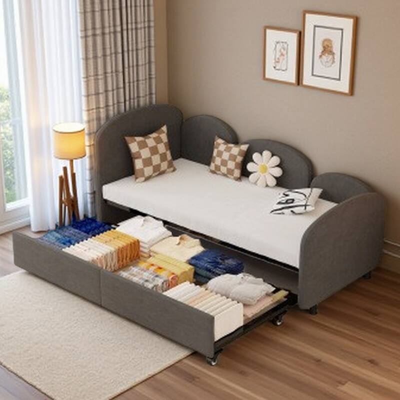 Twin Size Velvet Upholstered Flower Design Daybed with Storage Drawer, Multi-Functional Sofa Bed for Kids Room, Living Room - Dark Gray