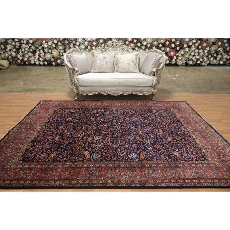 Hand Knotted Oriental 100% Wool Carpet Traditional All-Over Navy Blue & Blues Sarouk Area Rug - 10' 0'' X 8' 2''