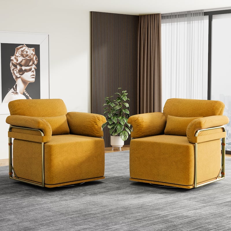 360° Swivel Accent Sofa Chair Fluffy Fabric Gold Legs Orange for Living Room