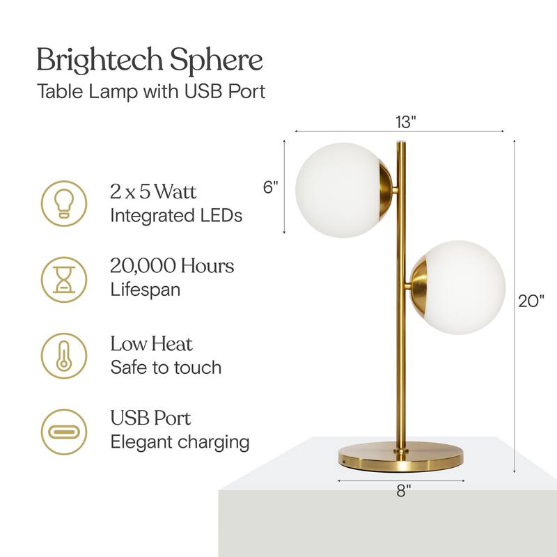 Brightech Sphere 20 in. Antique Brass Mid-Century Modern Integrated LED Desk Table Lamp with Built-In 3-Way Dimmer