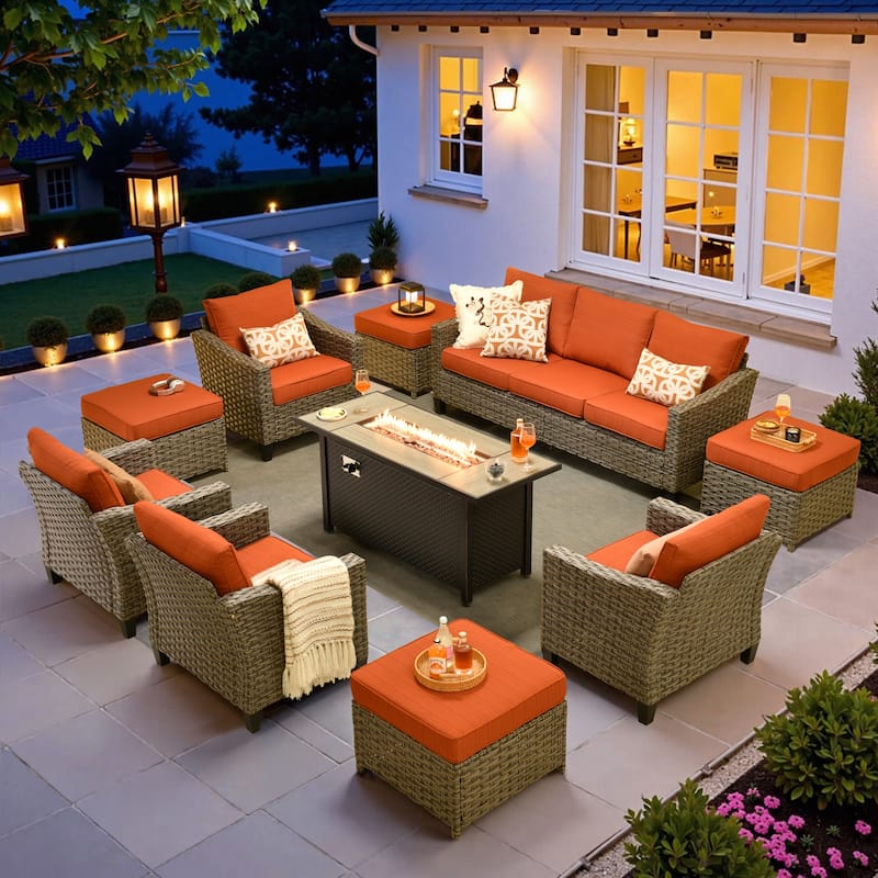 ​​OVIOS 10-Piece Outdoor Wicker Set with Fire Pit Table​ - Orange/Red