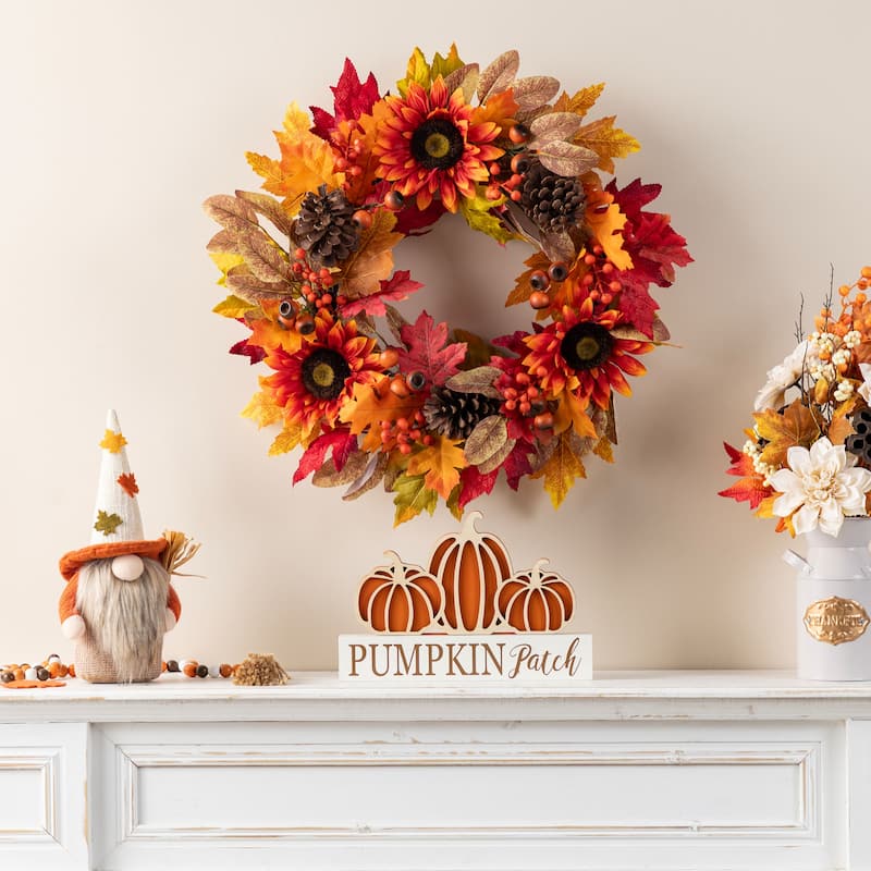 Glitzhome 24"D Fall Sunflower Pinecone Berry Artificial Wreath or Porch Tree