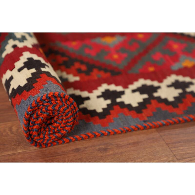 Red Kilim Qashqai Persian Vintage Rug Flatweave Oriental Wool Carpet - 5'2"x 7'6"