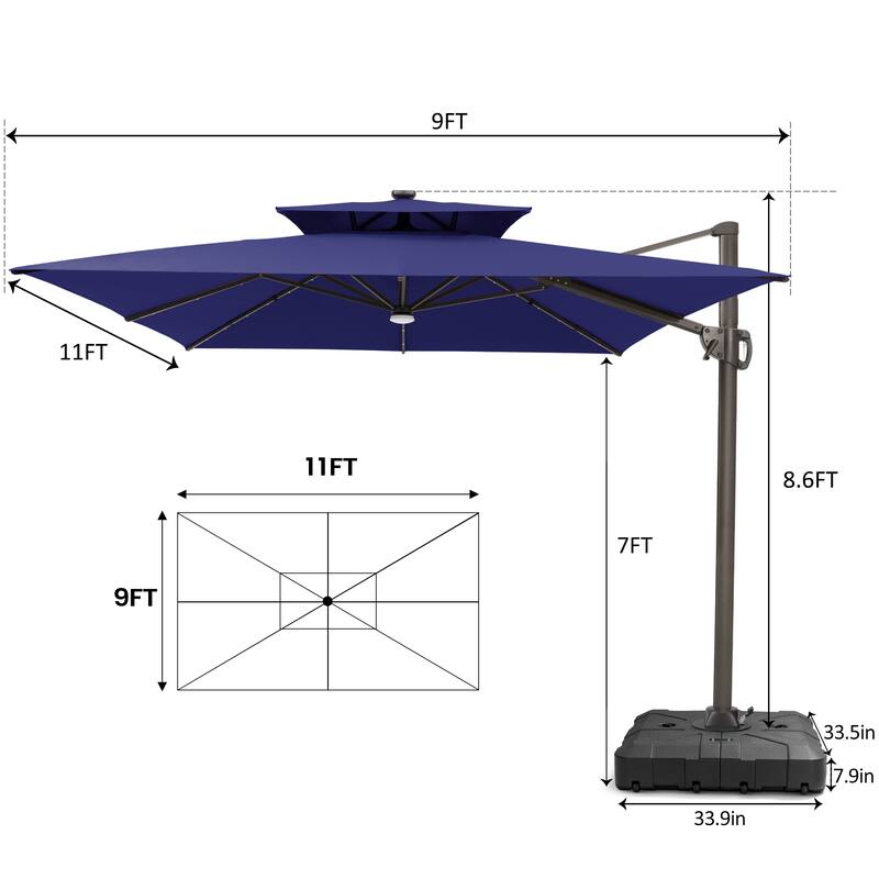 9 X 11 FT Outdoor Patio Cantilever Umbrella with Solar Lights All-Weather Wheeled Base Double Canopy 360 Rotation Tilt