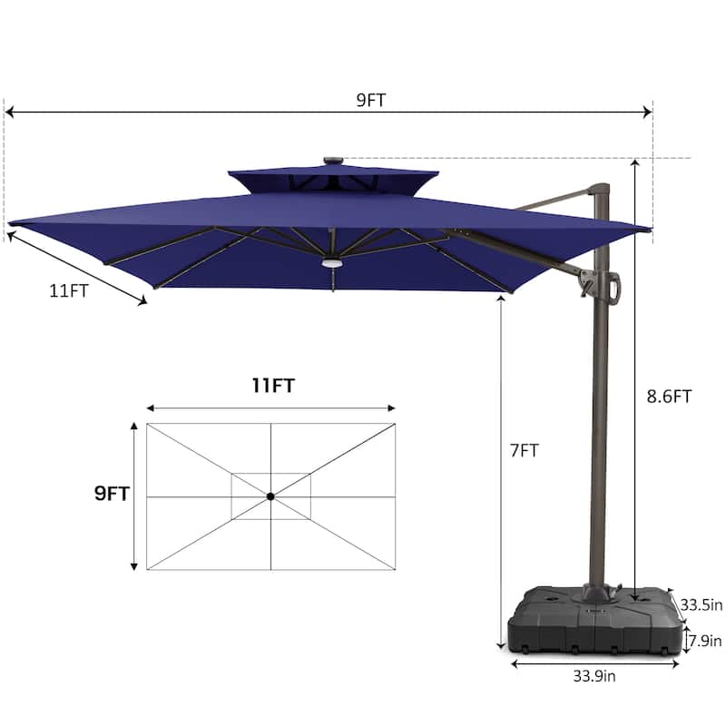 Pellebant 9x11FT Outdoor Dual Top Cantilever Patio Umbrella LED Light with HDPE Base