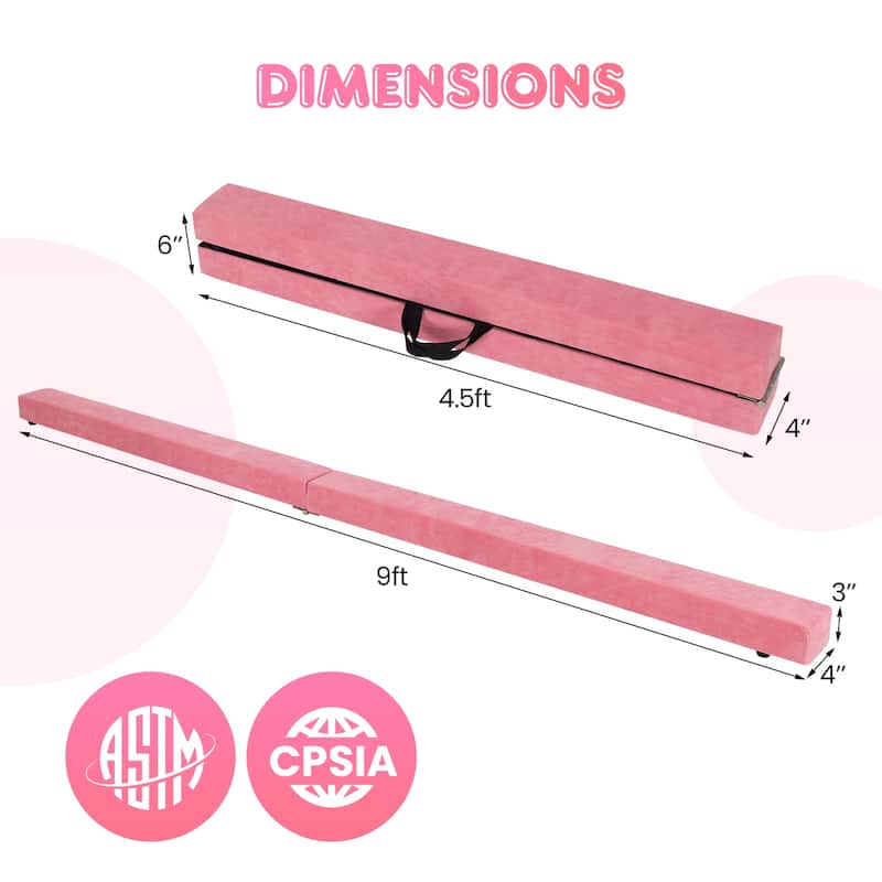 9 Feet Kids Balance Beam for Home Foldable Gymnastics Beam with Non-Slip Bottom and Wood Frame - 108” x 4" x 3" (L x W x H)