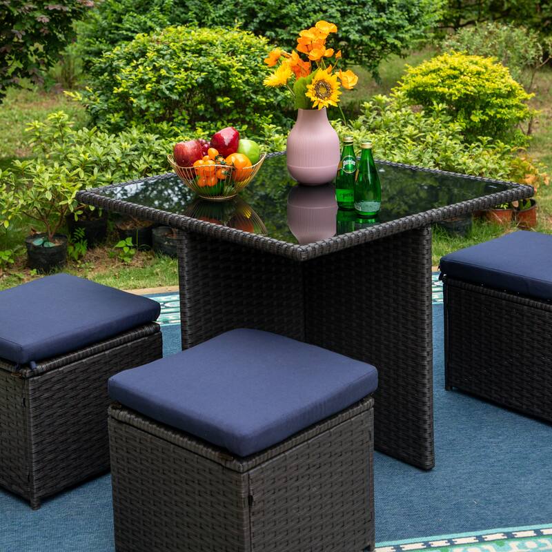 PHI VILLA Outdoor Dining Table and Ottoman Set with Cushions - Brown
