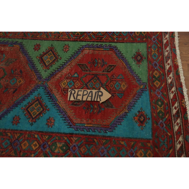 Hand Knotted Oriental 100% Wool Carpet Traditional Geometric Multi-Colored Heriz Runner Rug - 14' 1'' X 3' 9''
