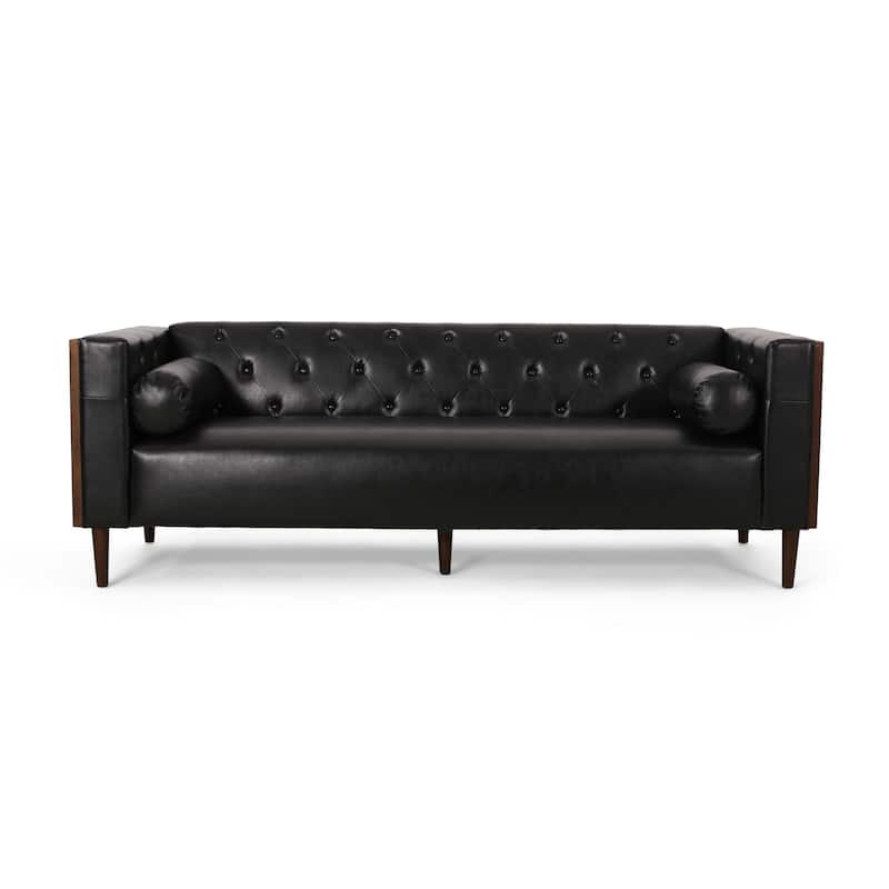 Biya Sofa, 90 Inch, Chesterfield Tufted Black Faux Leather, 2 Pillows