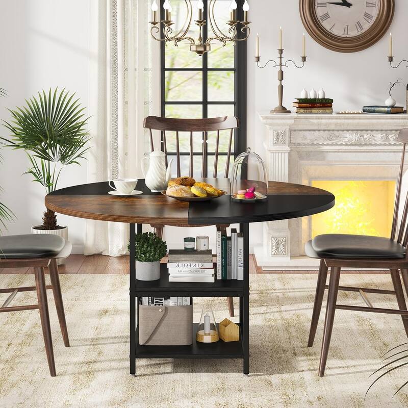 47-Inch Round Wood Dining Table for 4 With Storage Shelf Large Kitchen Table for Home Dining/Living Room