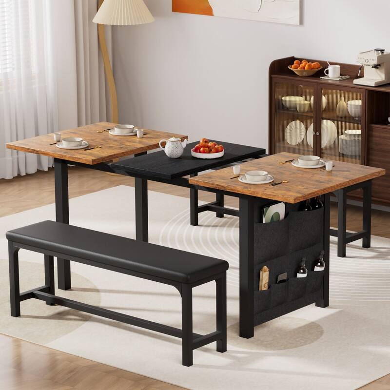 VECELO 3-Piece Extendable 63" Dining Table Set with 2 PU Leather Benches for 4-8 Dining Room Detachable 6-Pocket Storage Bag - Brown