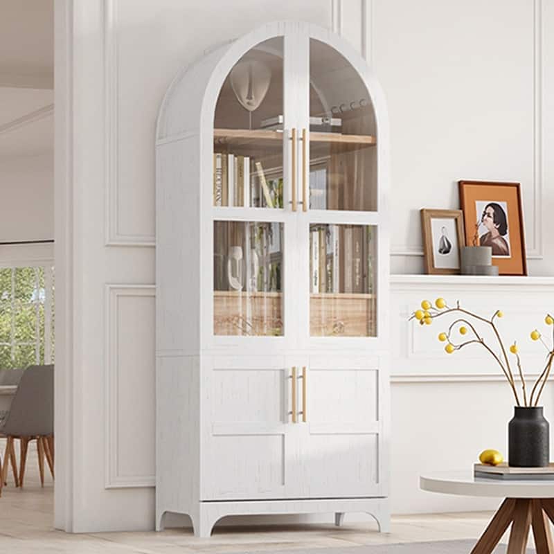 Spruce & Spring 71" Tall Modern Arched Bookcase Bookshelf with 2 Drawers - White