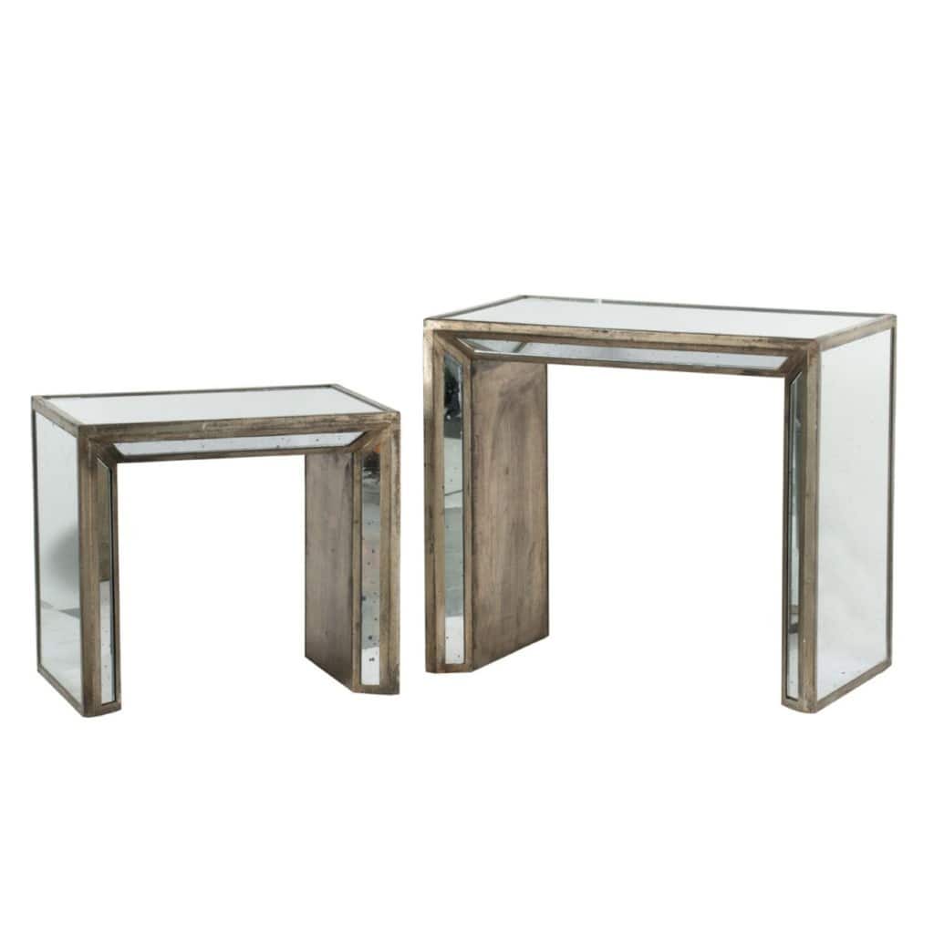 Set of 2 Clear and Brown Vintage Mirrored Nested Side Tables 27.25"