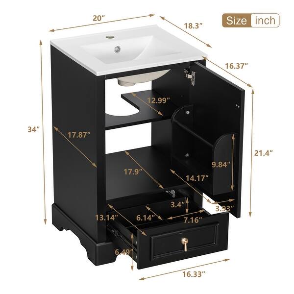 dimension image slide 14 of 15, GDFStudio - Lisa 20" Bathroom Vanity with Ceramic Sink, Soft-Close Door & Storage Rack