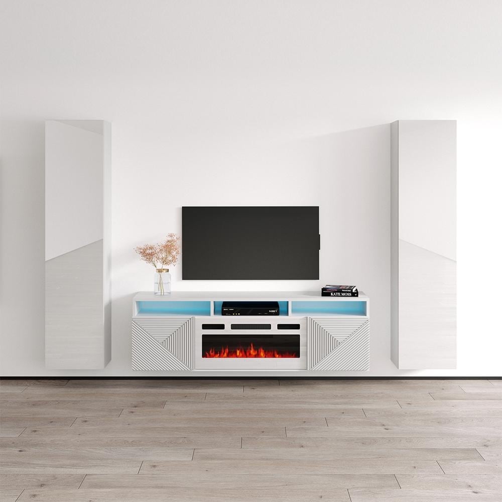 Meble Furniture Giza WH-EF Floating Fireplace Entertainment Center (95"W x 67"H) with LED Lights for up to 70" TVs