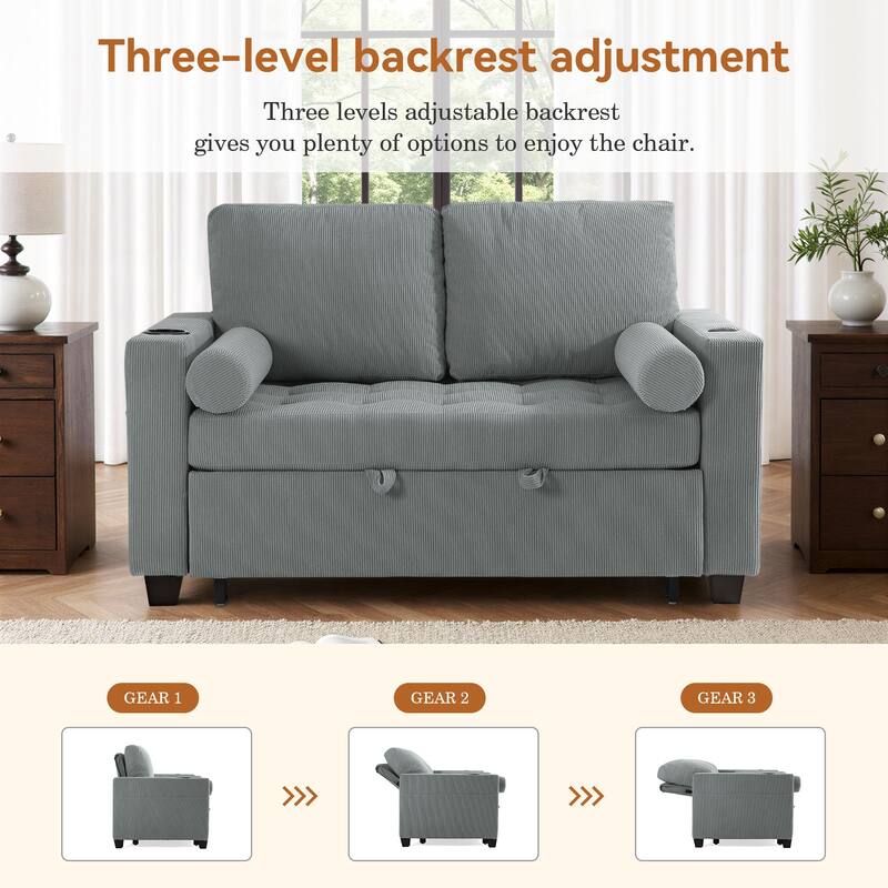 2 Set Corduroy Convertible Sleeper Sofa Bed Loveseats with Cup Holder, USB Ports