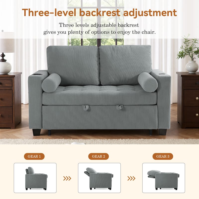 Corduroy Convertible Loveseat Sofa Bed Recliner with Cup Holder, USB Ports