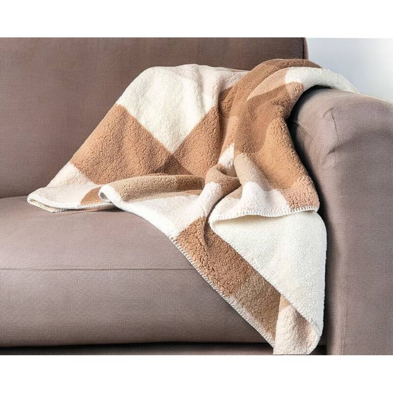 HomeRoots 50" X 60" Ivory And Taupe Faux Sherpa Plaid Throw Blanket - Throw - Taupe/Ivory