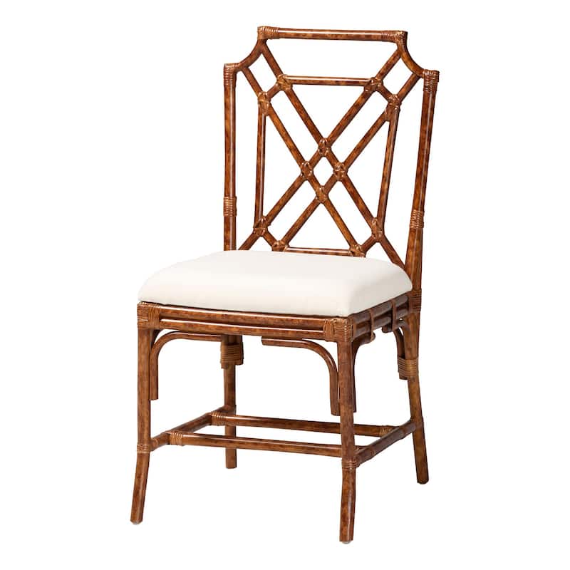 Esmery Marbled Tortoise Natural Rattan Dining Chair - Handcrafted Wicker Side Chair with Crisscross Back, Boho Coastal Seating - Marbled Tortoise Brown/White