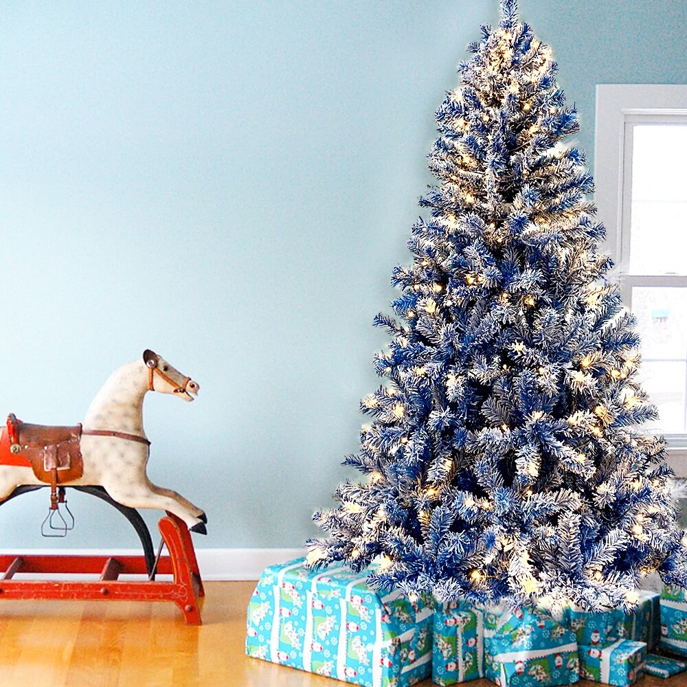 6Ft Blue Christmas Tree with 300 Lights, Snow Flocked Holiday Tree