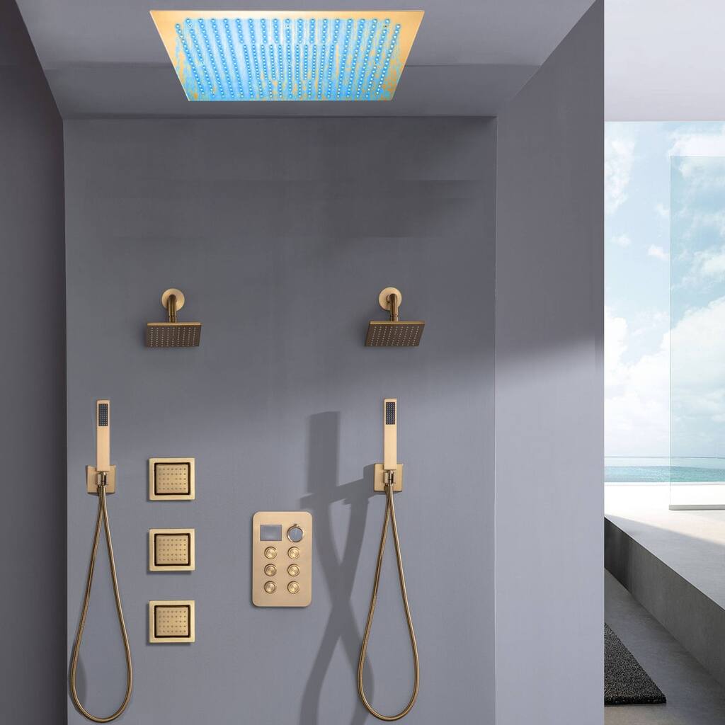 6 way Digital Display Shower Faucet with Dual 6'' regular head and body jets and flush mount top head - 7'6" x 10'9"