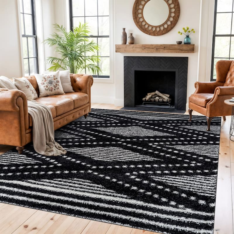 Geometric Shag Area Rug - Durable for Living Room, Bedroom - Polyester with Jute Backing - Anthracite Dark Gray and White - 7' 10" x 10'