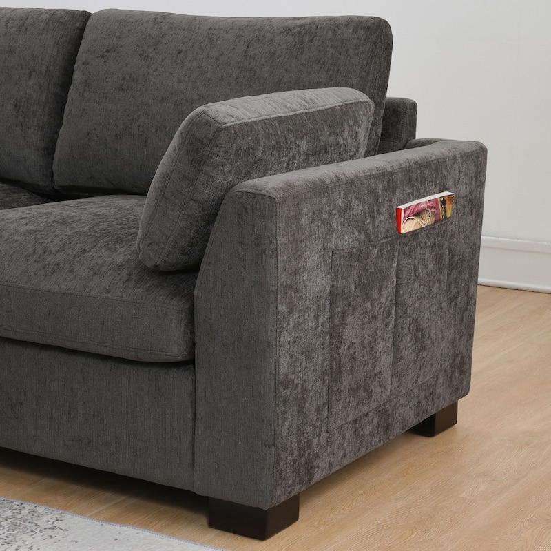 130" Modular Chenille L-Shaped Sectional Sofa with Folding Table and Dual-Port Charging, Ottoman