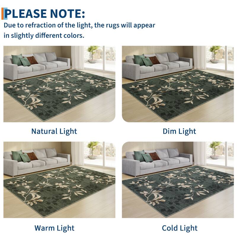 Modern Leaves Pattern Area Rug Botanical Print Washable Rugs for Living Room Bedroom Non-Slip Low Pile Floor Carpet