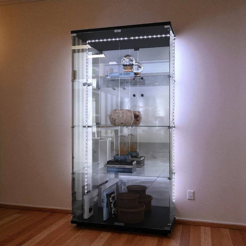 65" Tempered Glass Display Cabinet with Mirror Back, Bluetooth LED Lights, Lockable Doors, Liquor & Storage Cabinet